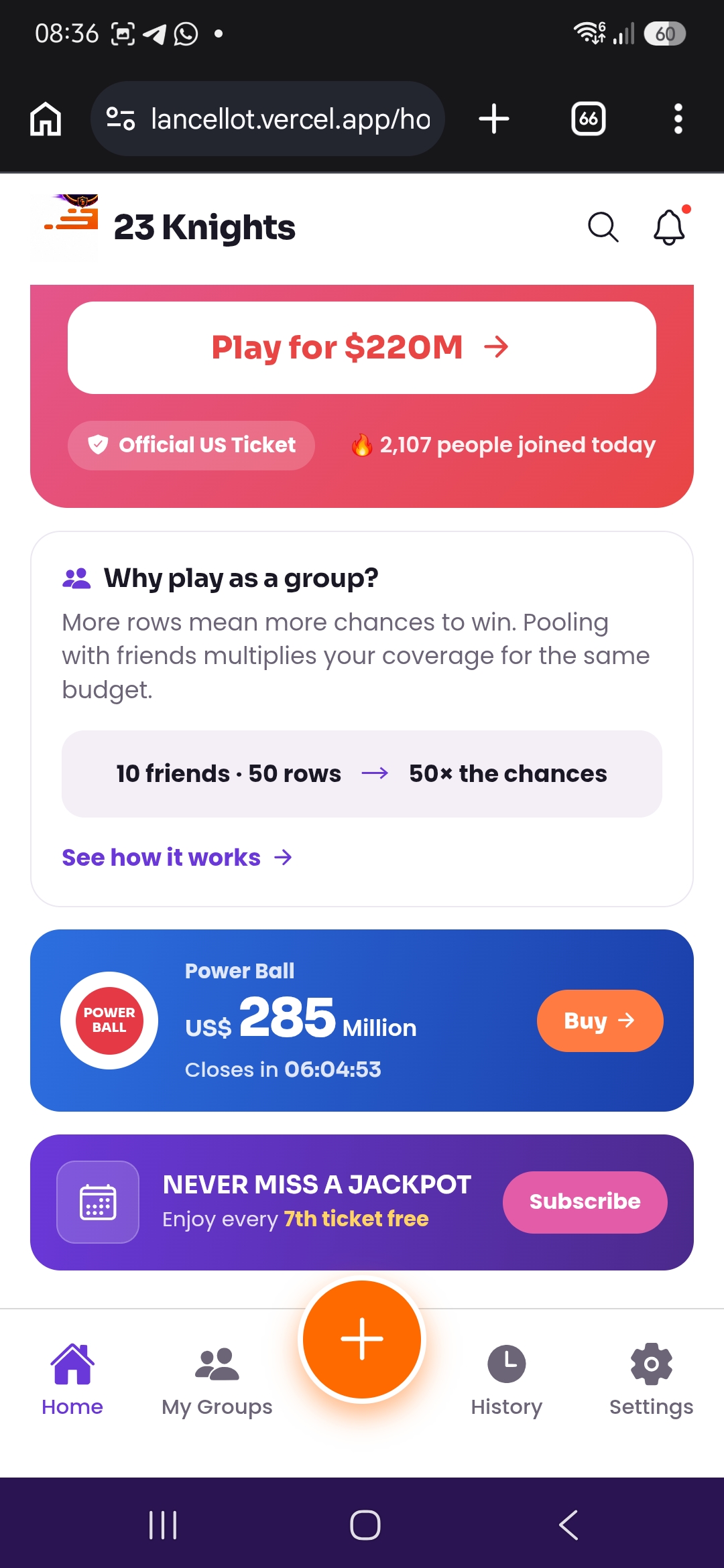 23Knights lottery marketplace screen